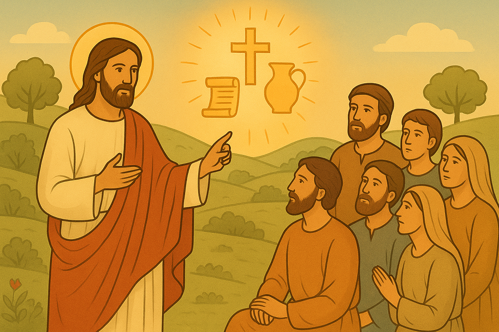 Ilustracija Isusa u bijeloj tunici i crvenom plaštu, s aureolom oko glave, kako podiže ruku i poučava skupinu ljudi na otvorenom. Iznad njega svijetle tri zlatna simbola: svitak, križ i vrč. Okupljeni muškarci i žena sjede i pažljivo ga slušaju u mirnom k