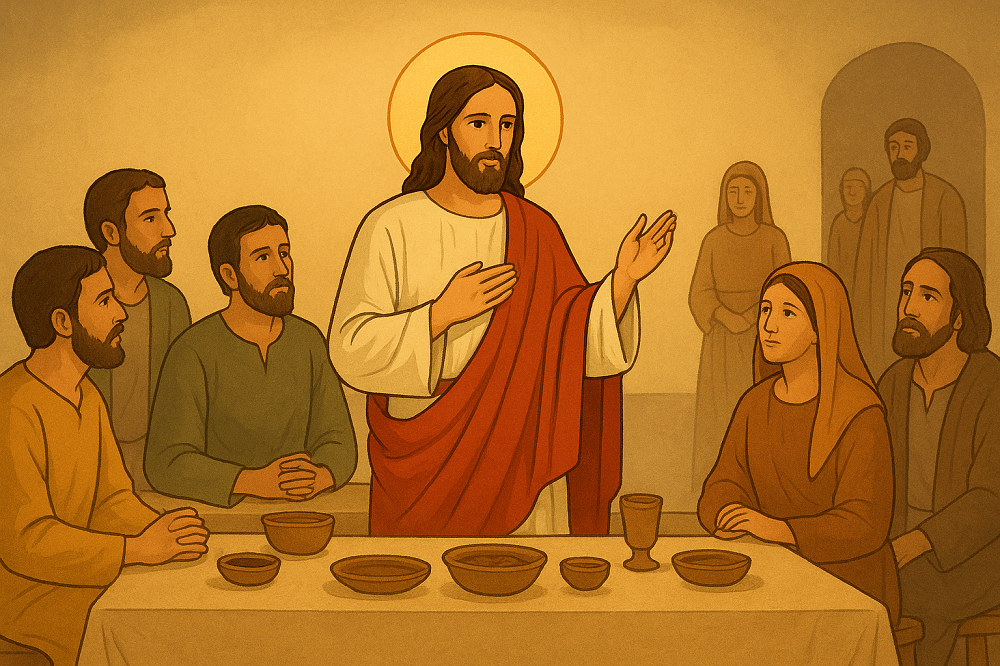 Isus u blagovaonici poučava uzvanike; neki sjede na počasnim mjestima, dok na rubu scene stoje siromasi koje treba pozvati na gozbu.